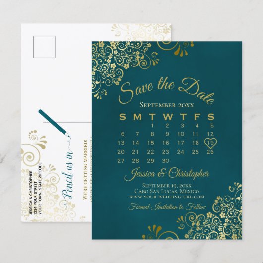 Dark Teal & Gold Wedding Save the Date Calendar 案内ポストカード (正面/裏面)