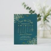Dark Teal & Gold Wedding Save the Date Calendar 案内ポストカード (スタンド正面)