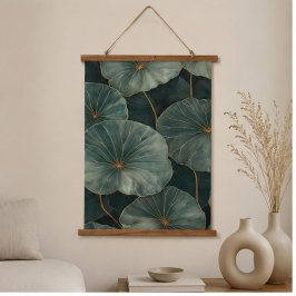 Dark Teal Lotus Leaf Botanical Wall Art with Gold 吊り下げ型タペストリー