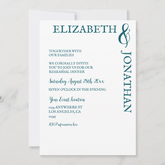 Dark Teal Modern Typography Rehearsal Dinner 招待状 (正面)