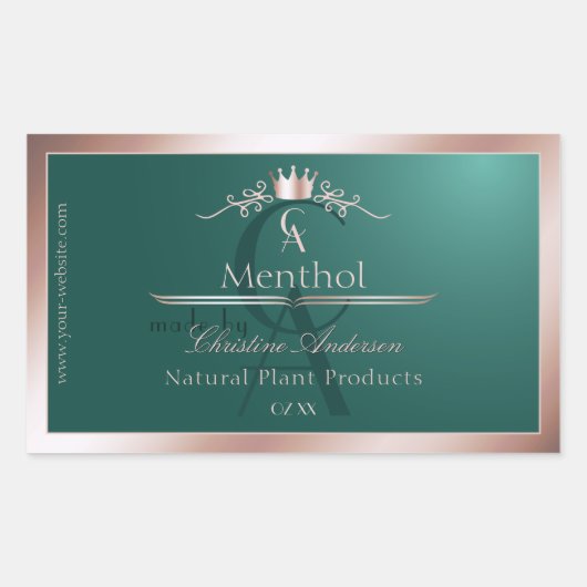 Dark Teal Product Label Rose Gold Frame Monogram 長方形シール (正面)