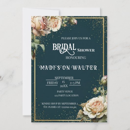 Dark Teal Rustic Rose Bridal Shower Invitation 招待状 (正面)