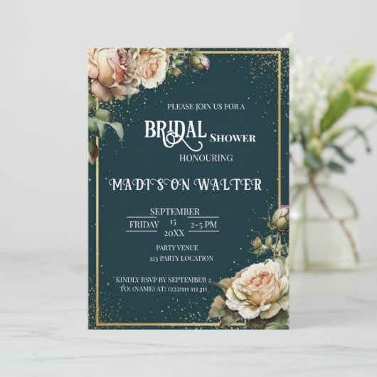 Dark Teal Rustic Rose Bridal Shower Invitation 招待状 (スタンド正面)
