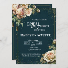 Dark Teal Rustic Rose Bridal Shower Invitation 招待状
