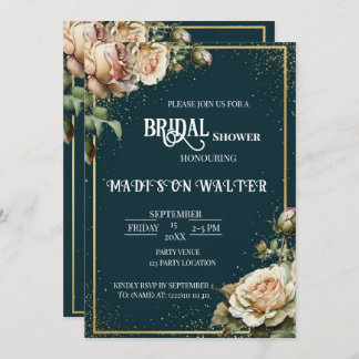 Dark Teal Rustic Rose Bridal Shower Invitation 招待状