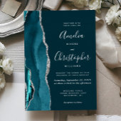 Dark Teal Silver Agate Script Wedding 箔招待状