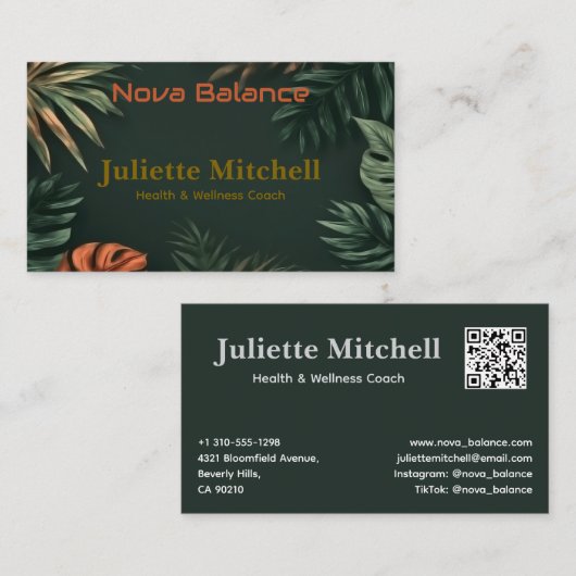 Dark Teal Tropical Elegant Wellness Business Card 名刺 (正面/裏面)