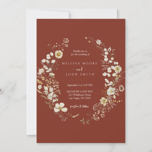 Dark Terracotta Rustic Boho Wildflower Wedding 招待状 (正面)