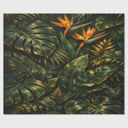 Dark Tropical Monstera Gold Botanical Gift Wrap ラッピングペーパー (フラット)