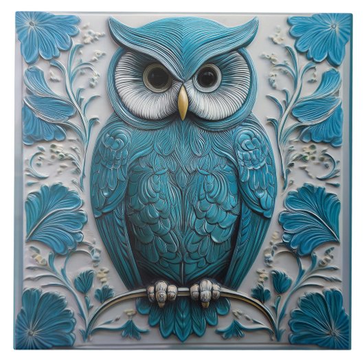 Dark turquoise blue faux relief Art Nouveau Owl タイル (正面)