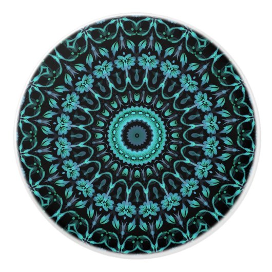 Dark Turquoise Floral Mandala セラミックノブ (正面)