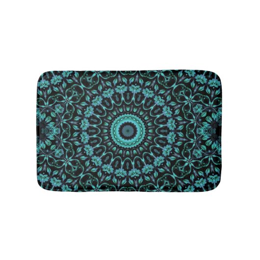 Dark Turquoise Floral Mandala バスマット (正面)