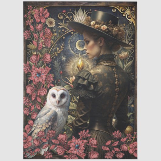 Dark Victorian Girl White Owl Floral Abstract Art  薄葉紙 (正面)