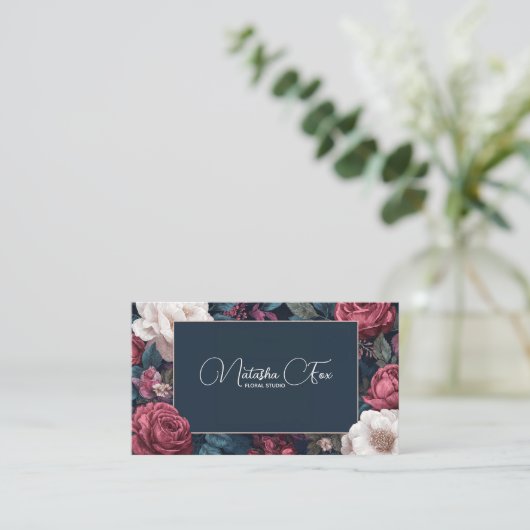 Dark Victorian Rose Floral Navy Blue Frame 名刺 (スタンド正面)