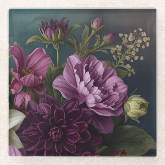 Dark Vintage Flowers ガラスコースター (正面)