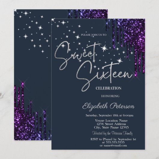 Dark Violet Glitter Drips, Stars Blue Sweet 16  招待状 (正面/裏面)