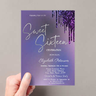 Dark Violet Glitter Drips Violet Sweet 16 アクリル招待状