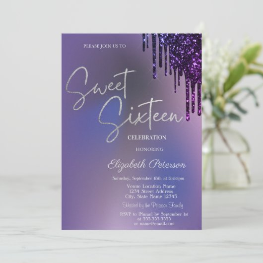 Dark Violet Glitter Drips Violet Sweet 16 招待状 (スタンド正面)
