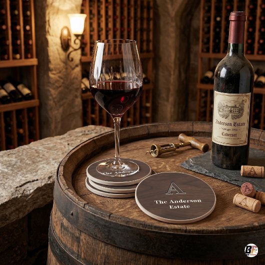 Dark Walnut Wood Monogram Family Estate Custom コースター