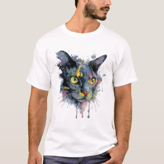 Dark Watercolor Cat Face Neon Eyes Art Tシャツ