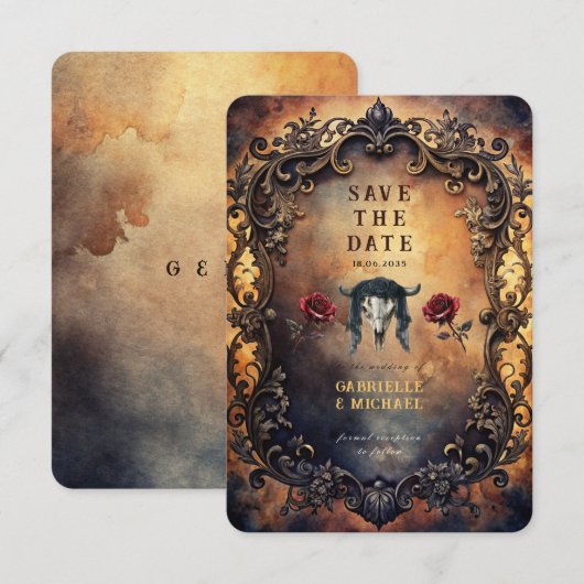 Dark Western Gothic Bull Skull & Velvet Roses セーブザデート (正面/裏面)