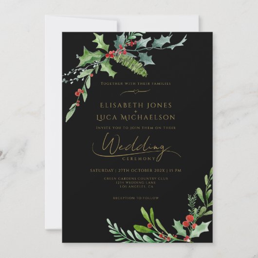 Dark Winter Berry Moody Botanical Monogram Wedding 招待状 (正面)