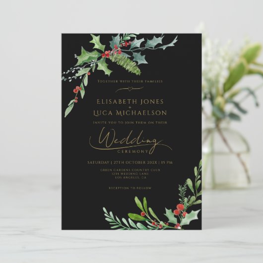 Dark Winter Berry Moody Botanical Monogram Wedding 招待状 (スタンド正面)