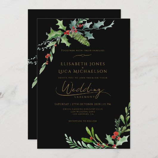 Dark Winter Berry Moody Botanical Monogram Wedding 招待状 (正面/裏面)