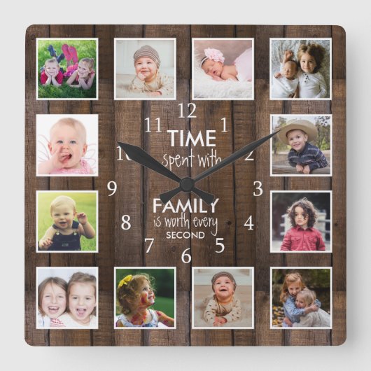 Dark Wood 12 Photo Template Time Family Quote スクエア壁時計 (正面)