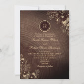 Dark Wood Monogram Photo QR Wedding 招待状 (正面)