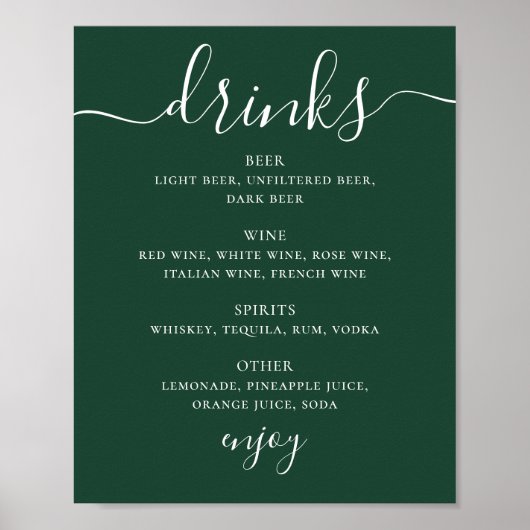 Dark Woodland Green Wedding Drinks Menu | Bar Sign ポスター (正面)