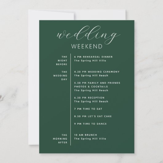Dark Woodland Green Wedding Weekend Schedule 招待状 (裏面)