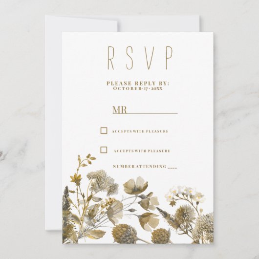 Dark yellow ivory white brown floral RSVP 招待状 (正面)