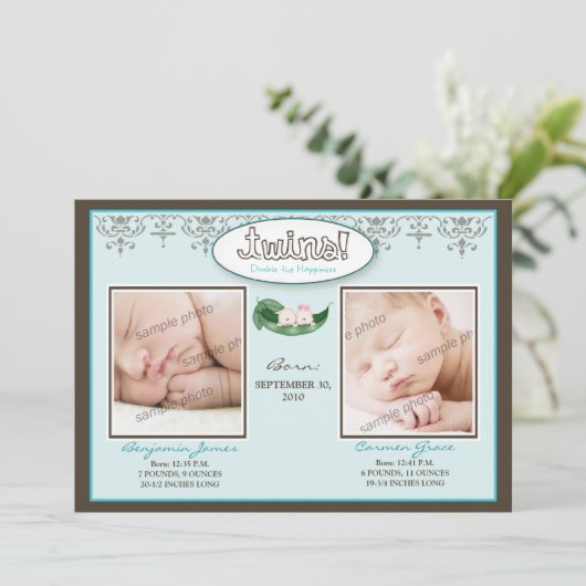 Darling 5x7ツインボーイ/ガールアクア誕生のお知らせ 案内状 (スタンド正面)