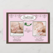 Darling 5x7 Twin GARLS Birth Announcement（ピンク） 案内状 (正面/裏面)