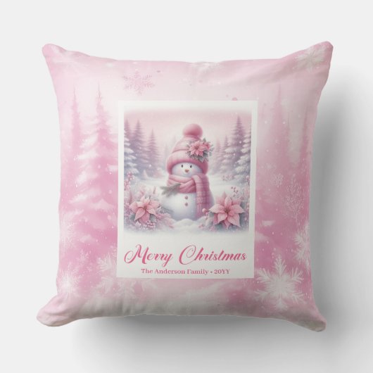 Darling Pink Snowman Snowy Christmas Pillow Decor クッション (正面)