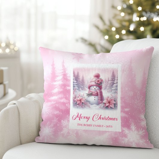 Darling Pink Snowman Snowy Christmas Pillow Decor クッション