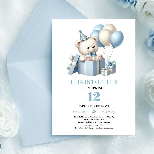 Darling teddy bear dusty blue boy birthday invites 招待状