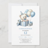 Darling teddy bear dusty blue boy birthday invites 招待状 (正面)