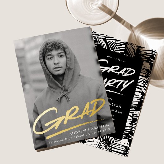 Dashed Grad Photo Graduation Party金ゴールド 箔招待状