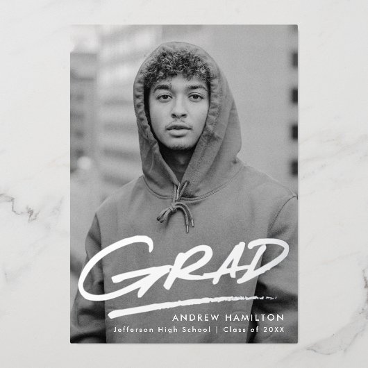 Dashed Grad Photo Graduation Party Silver 箔招待状 (正面)