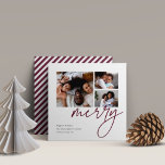 Dashing Script | 3 Photo Collage シーズンカード<br><div class="desc">Share cheer with these colorful and modern holiday cards featuring 3 of your favorite photos (one square and two small horizontal or landscape oriented). "Merry" appears in casual, modern hand lettered script in a beautiful jewel toned burgundy plum shade. Personalize with your custom holiday greeting, family name, and the year...</div>