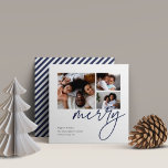 Dashing Script | 3 Photo Collage Holiday Card シーズンカード<br><div class="desc">Share cheer with these colorful and modern holiday cards featuring 3 of your favorite photos (one square and two small horizontal or landscape oriented). "Merry" appears in casual, modern hand lettered script in a beautiful, sophisticated navy blue shade. Personalize with your custom holiday greeting, family name, and the year along...</div>