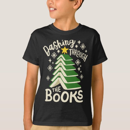 Dashing Through The Books Christmas Book Lovers Me Tシャツ (正面)