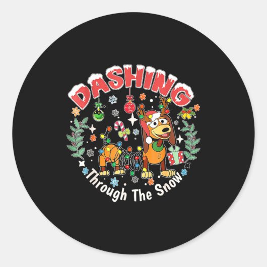 Dashing Through The Snow Slink Dog Christmas ラウンドシール (正面)