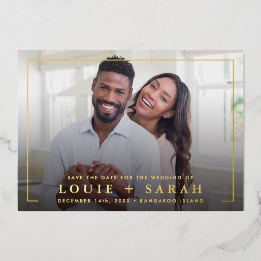 DATEフォトミニマルモダンリストフォイルのオーバーレイを保存 箔招待状 (正面)