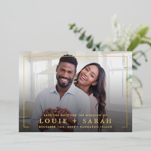 DATEフォトミニマルモダンリストフォイルのオーバーレイを保存 箔招待状 (立ち正面)