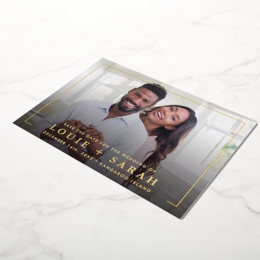 DATEフォトミニマルモダンリストフォイルのオーバーレイを保存 箔招待状 (回転した状態)