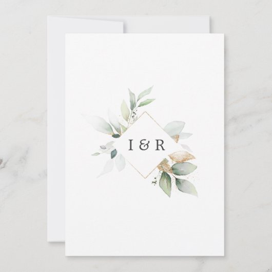 Date エレガント Botanical Greeneryの金ゴールドを保存 セーブザデート (裏面)