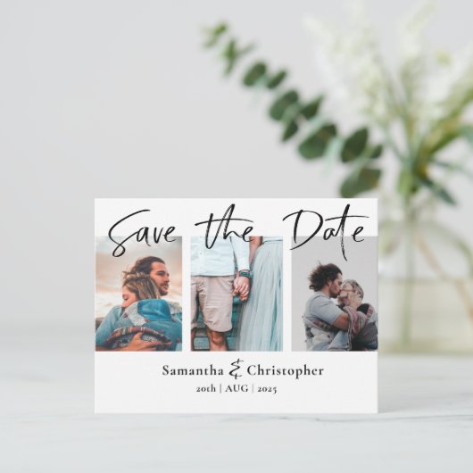 Date モダン Scriptフォトコラージュエレガントを保存 案内ポストカード (スタンド正面)